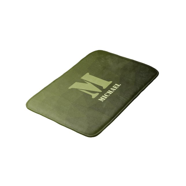 Army green olive geometric mesh pattern Monogram Bath Mat (Angled)