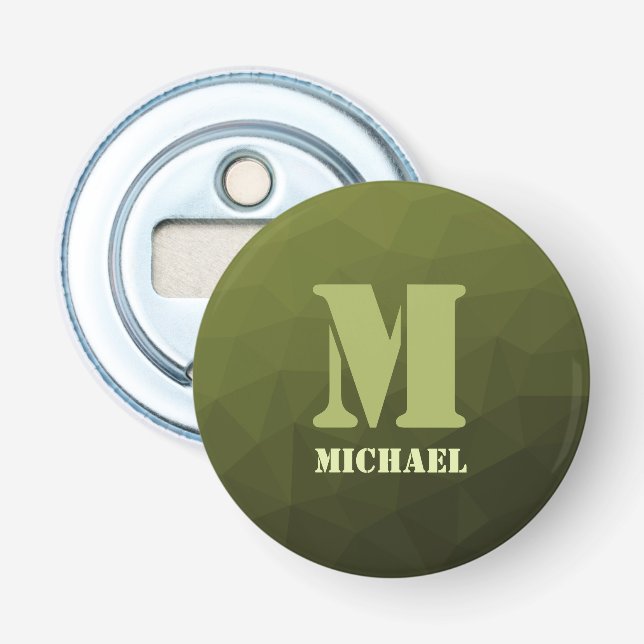 Army green olive geometric mesh pattern Monogram Bottle Opener (Front)