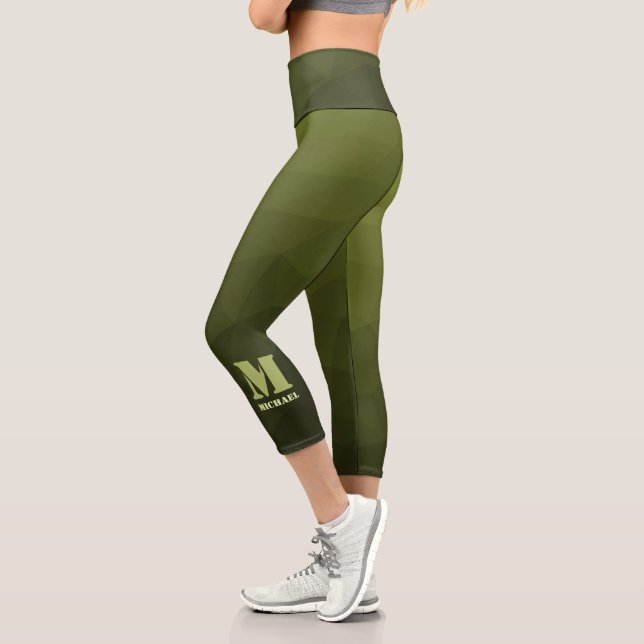 Army green olive geometric mesh pattern Monogram Capri Leggings (Left)
