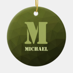 Army green olive geometric mesh pattern Monogram Ceramic Tree Decoration