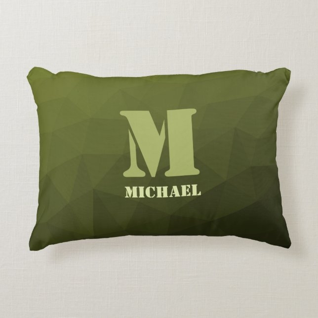 Army green olive geometric mesh pattern Monogram Decorative Cushion (Front)