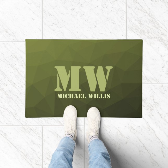 Army green olive geometric mesh pattern Monogram Doormat (Indoor)