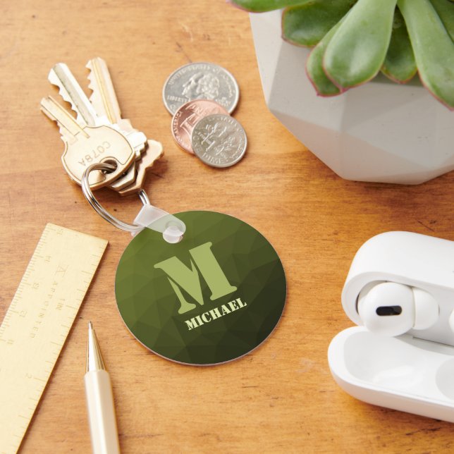 Army green olive geometric mesh pattern Monogram Key Ring (Desk)