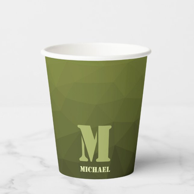 Army green olive geometric mesh pattern Monogram Paper Cups (Front)