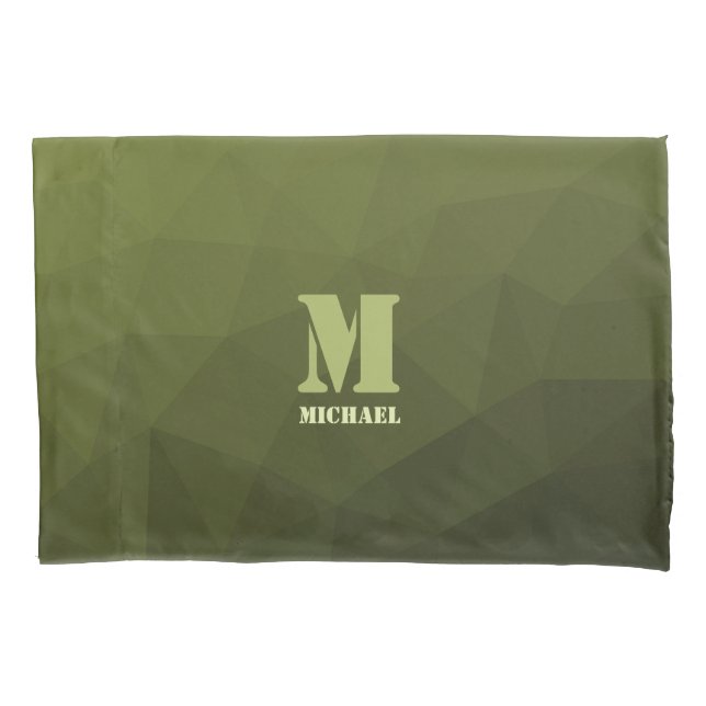 Army green olive geometric mesh pattern Monogram Pillowcase (Front)