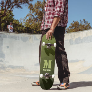 Army green olive geometric mesh pattern Monogram Skateboard