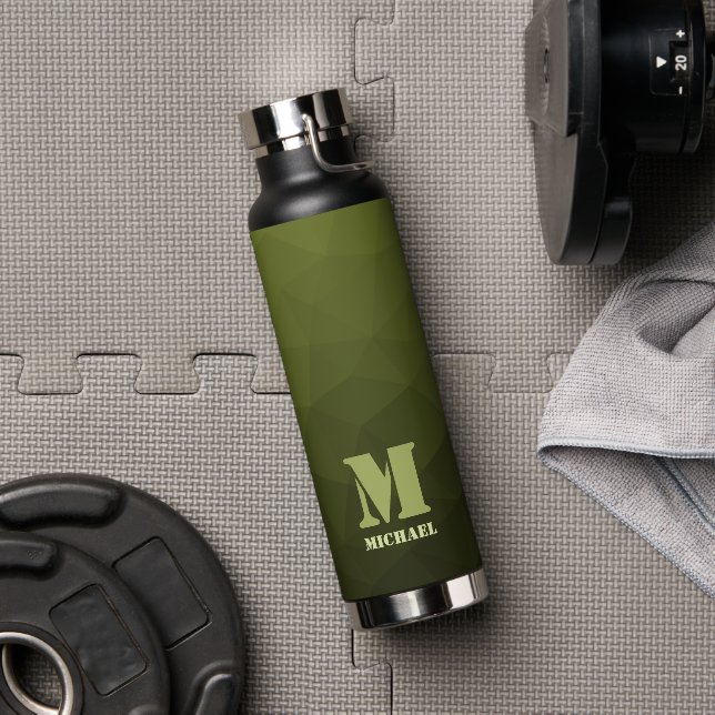 Army green olive geometric mesh pattern Monogram Water Bottle (Gym)