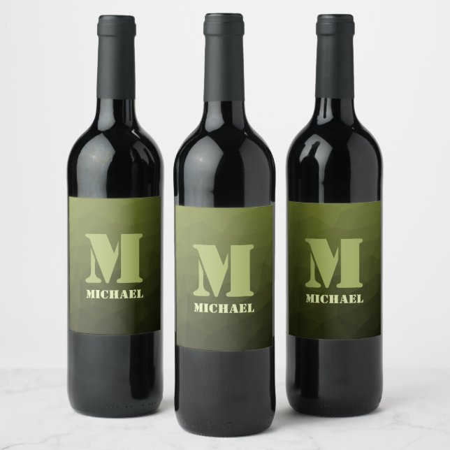 Army green olive geometric mesh pattern Monogram Wine Label (Bottles)