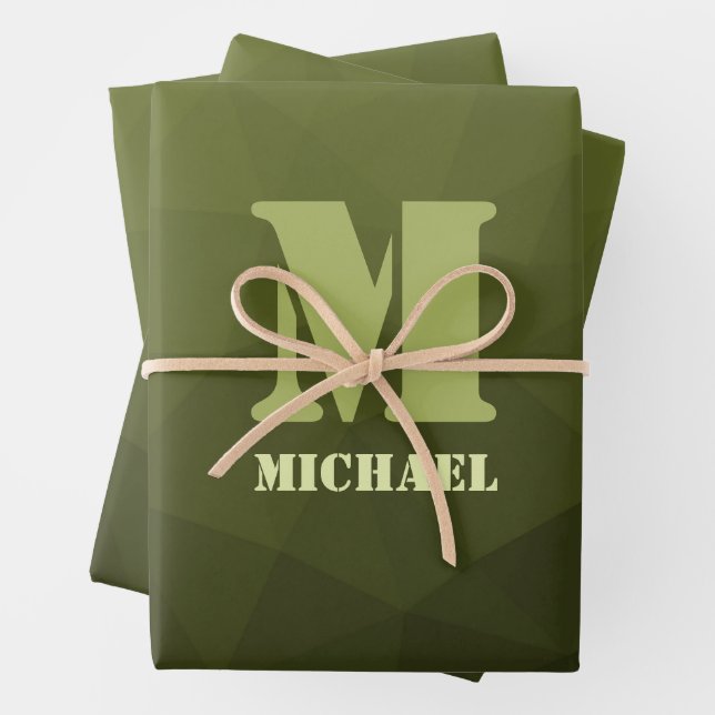 Army green olive geometric mesh pattern Monogram Wrapping Paper Sheet (In situ)