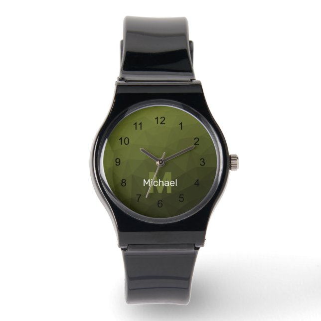 Army green olive gradient geometric mesh Monogram Watch (Front)