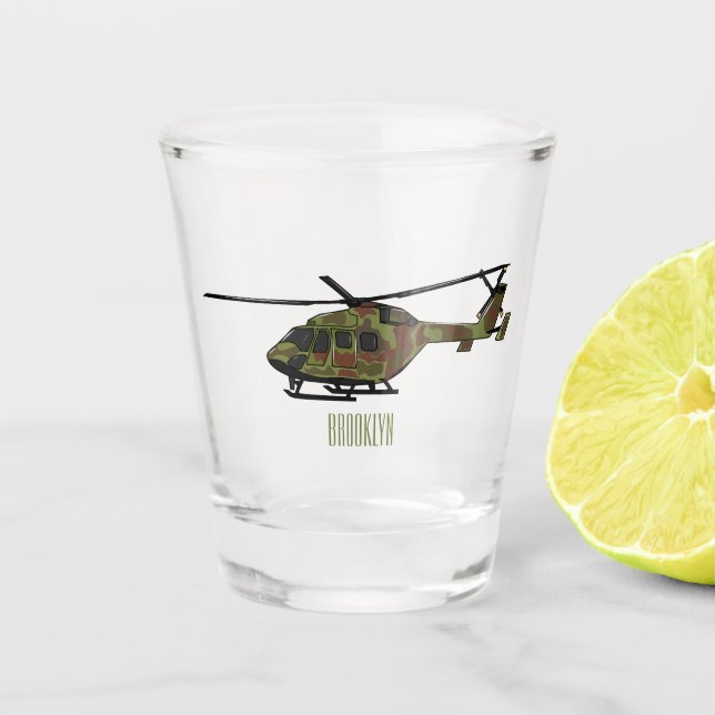 Army helicopter cartoon illustration  shot glass (Front)