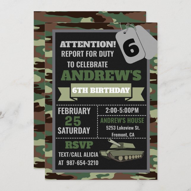 Army invitation, Camo military birthday invitation (Front/Back)