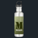 Army light green geometric mesh pattern Monogram 710 Ml Water Bottle<br><div class="desc">Monogram Personalize with your custom initial and name. Army green gradient geometric mesh pattern triangles ombre. 
Triangle geometric mesh with light dark gray green ombre gradient. 
military,  army,  pattern,  ombre,  mesh,  triangles,  geometry,  geometric,  gradient,  cool,  triangle,  green</div>