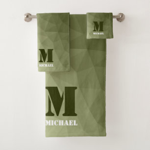 Army light green geometric mesh pattern Monogram Bath Towel Set
