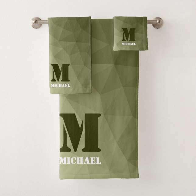 Army light green geometric mesh pattern Monogram Bath Towel Set (Insitu)