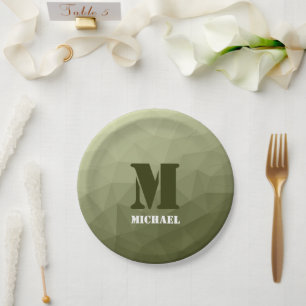 Army light green geometric mesh pattern Monogram Paper Plate