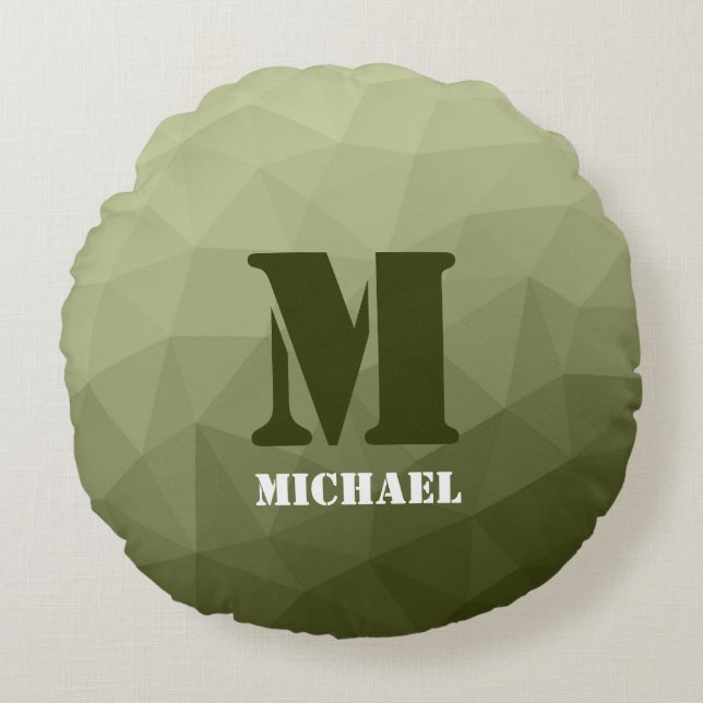 Army light green geometric mesh pattern Monogram Round Cushion (Front)
