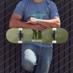 Army light green geometric mesh pattern Monogram Skateboard