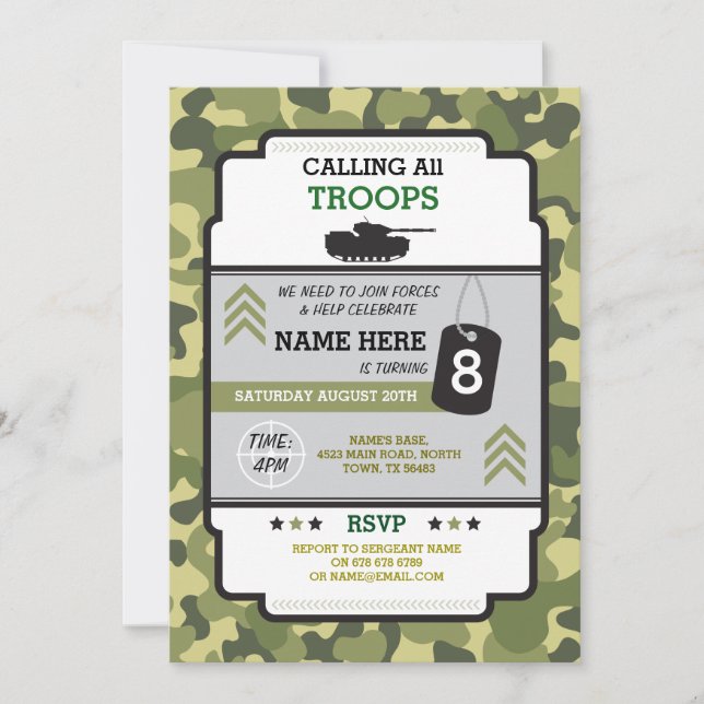 ARMY MILITARY TROOPS TANK INVITE BIRTHDAY PARTY (Front)