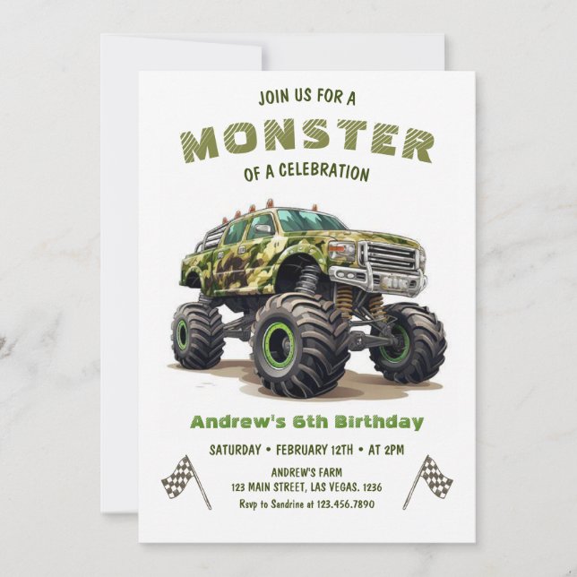 Army Monster Truck  Boy Birthday Invitation (Front)