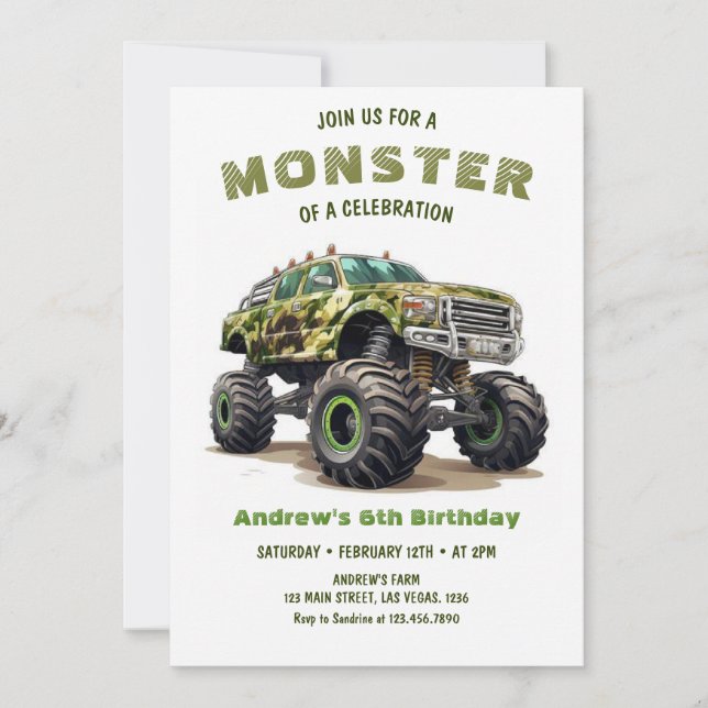 Army Monster Truck  Boy Birthday Invitation (Front)