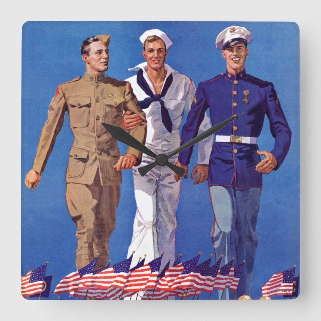 Army, Navy & Marines Square Wall Clock (Front)