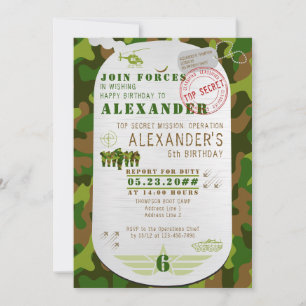 Army Tag Green Camo Camouflage Military Boot Camp Invitation