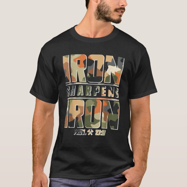 Army US Military Camouflage Patterns Iron Sharpens T-Shirt (Front)