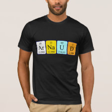 Shirt featuring the name Arnaud spelled out in symbols of the chemical elements