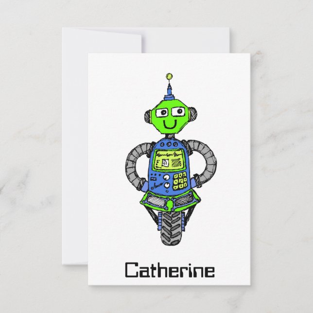 Arnie robot, blue and green invitation (Front)