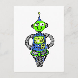 Arnie robot, blue and green postcard