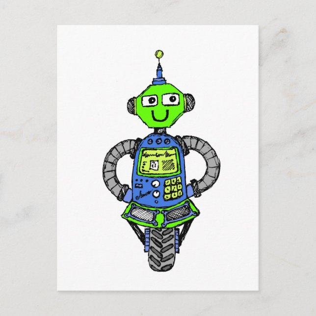 Arnie robot, blue and green postcard (Front)