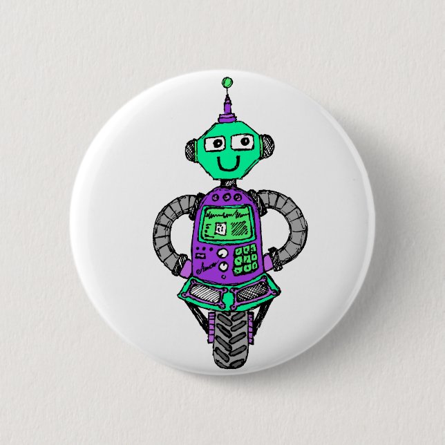 Arnie robot, purple and green 6 cm round badge (Front)