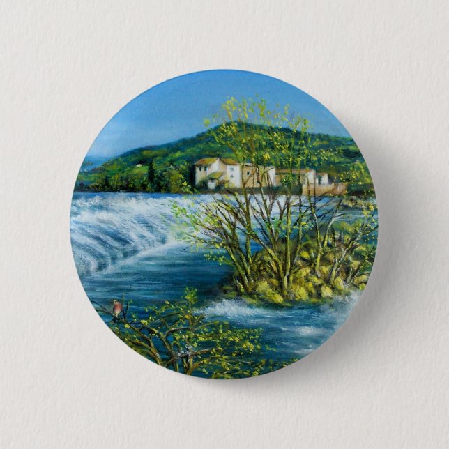 ARNO RIVER AT ROVEZZANO Florence Tuscany Landscape 6 Cm Round Badge (Front)