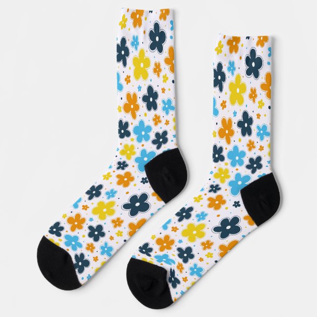 AroAce Pride Flowers Doodle Orange Yellow Blue Socks (Left)