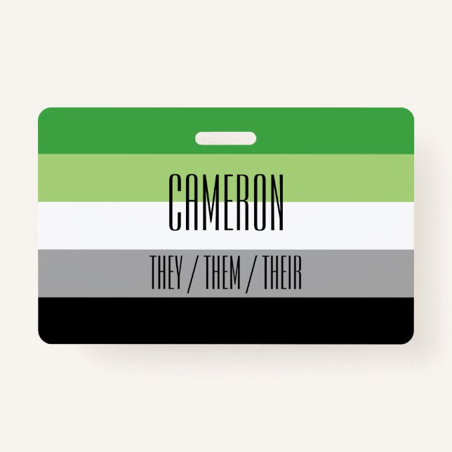 Aromantic Flag Name / Pronoun Badge ID Badge (Front)