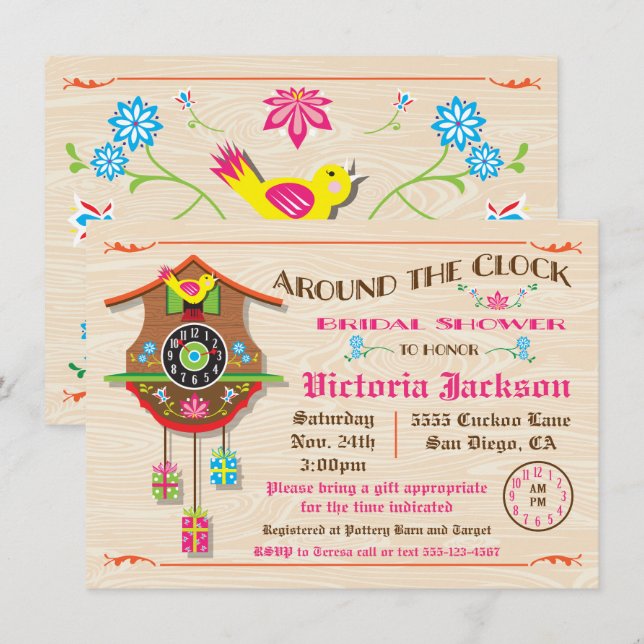 Around the clock Bridal Shower Folk art Cuckoo Invitation (Front/Back)