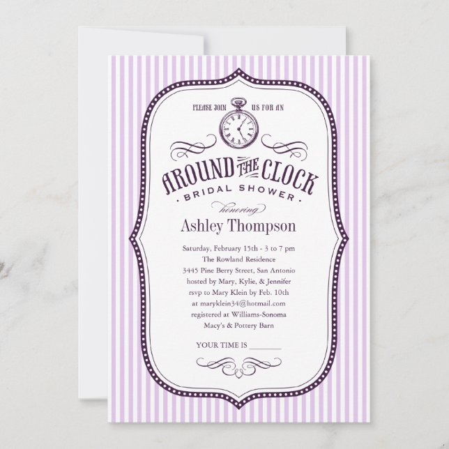 Around the Clock Lilac Purple Bridal Shower Invite (Front)