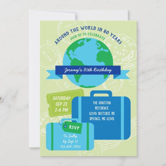 Around The World 80th Birthday Invitation (Front)