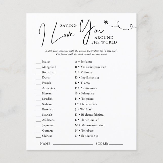 Around The World | Bridal Shower Game (Front)