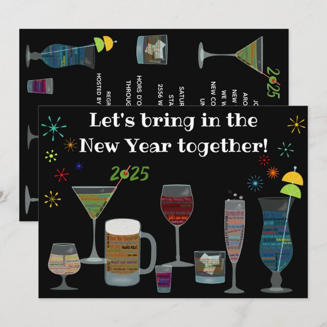 Around The World Cocktails New Year's Eve Invitation (Front/Back)