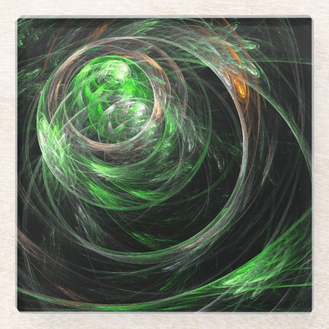 Around the World Green Abstract Art Glass Coaster (Front)