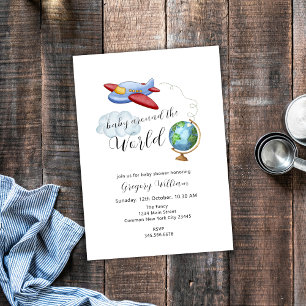 Around The World Map Aeroplane Baby Shower  Invitation