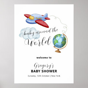 Around The World Map Aeroplane Baby Shower Welcome Poster