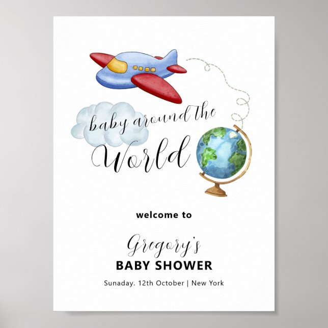 Around The World Map Airplane Baby Shower Welcome Poster (Front)
