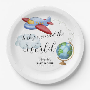 Around The World Map Airplane Boy Baby Shower Paper Plate