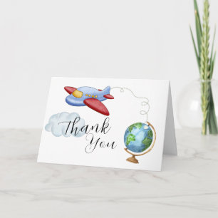 Around The World Map Airplane Boy Baby Shower Thank You Card