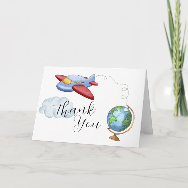 Around The World Map Airplane Boy Baby Shower Thank You Card (Front)