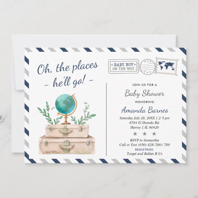 Around the World Travel Adventure Baby Boy Shower Invitation (Front)