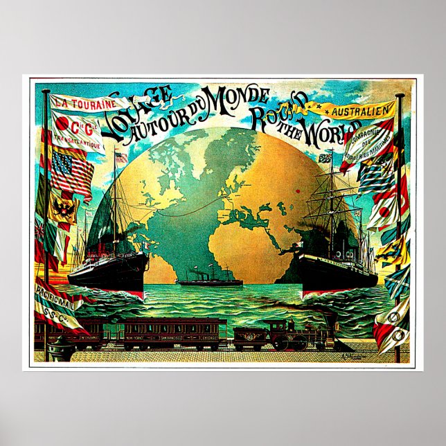 Around The World Voyage Vintage Travel Poster (Front)
